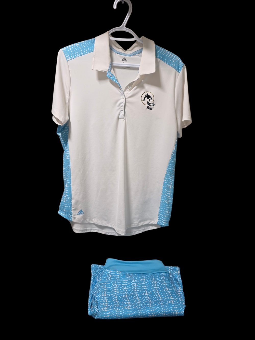adidas White & Light Blue Golf Polo with Patterned Accents